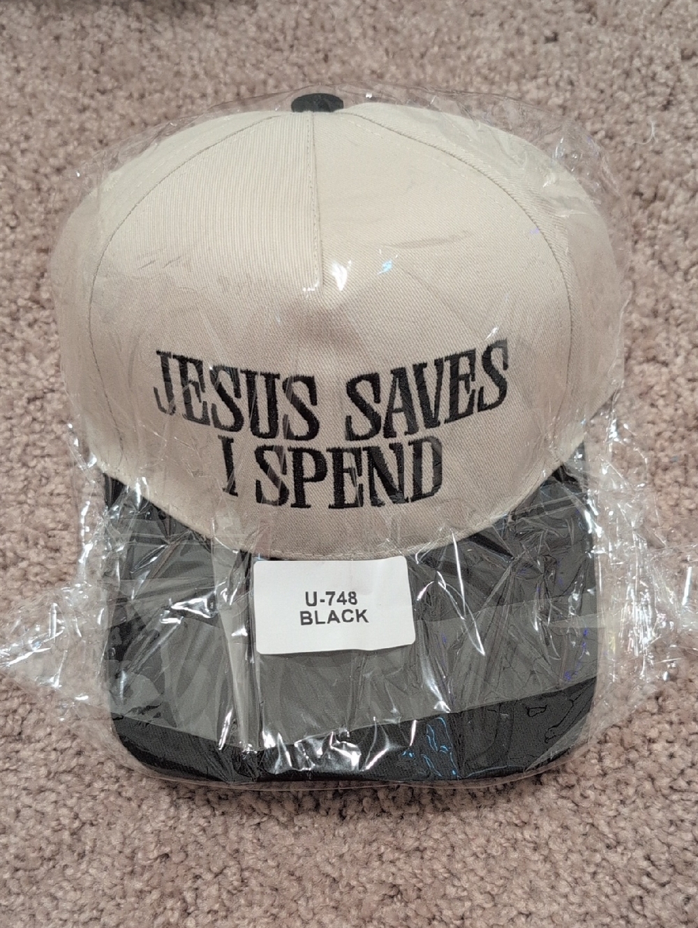 Zenana Outfitters Beige and Black 'Jesus Saves I Spend' Snapback Hat
